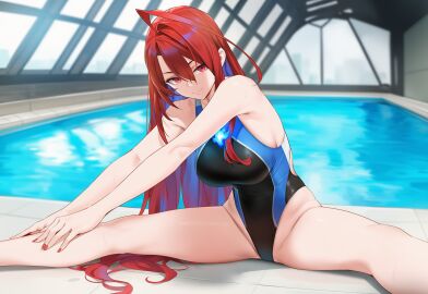 bangs black_swimsuit blurry breasts competition_swimsuit depth_of_field elizabeth_rose_bloodflame female hair_between_eyes highleg highleg_swimsuit hololive hololive_english hololive_english_-justice- indoors large_breasts long_hair looking_at_viewer one-piece_swimsuit pool poolside red_eyes red_hair sitting smile solo stretch swimming_pool swimsuit very_long_hair virtual_youtuber