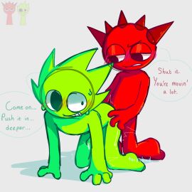 2d 2d_(artwork) 2d_artwork artist_name blush blush_lines dialogue doggy_style english_dialogue english_text gay gay_sex incredibox_mod lime_(sprunki) male non-human owakcx_(sprunki) penetration penis precum precum_drip raddy_(sprunki) red_(sprunki) reference_image self_upload sprunki sweat sweatdrop sweating taiyobud text