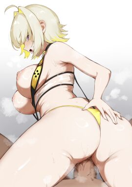 1boy :d absurdres ahoge ass black_choker blonde_hair breasts choker commentary_request cute_fang elegg_(boom_and_shock)_(nikke) elegg_(nikke) female from_behind goddess_of_victory:_nikke gradient_background grey_background hair_intakes hair_over_eyes highres large_breasts male navel official_alternate_costume open_mouth pov pov_crotch purple_eyes sex short_hair slingshot_swimsuit smile solo_focus straight swimsuit taira555555 tongue white_background yellow_slingshot_swimsuit