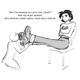 1boy 1girls ankle_boots arms_crossed black_and_white boot_fetish boot_licking boot_worship boots buffalo_shoes celera_prime couple cute demonia_boots english english_text female femdom femdom_caption foot_fetish foot_lick foot_worship footwear gentle_femdom hoop_earrings looking_at_viewer male meme monochrome original_character original_characters pants protective romantic_couple shirt shoe_fetish shoe_lick shoe_licking shoes short-haired_female short_hair sitting sitting_on_chair sneakers