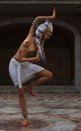 1girls 3d ahsoka_tano armlet blue_eyes breasts dancer female harem_girl jedi jewelry medium_breasts necklace orange_skin skirt_only sparky000 star_wars topless