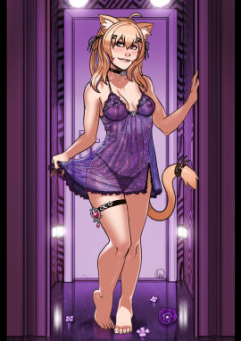 1girls animal_ears babydoll bangs bare_shoulders barefoot black_nails blonde_hair blush breasts cat_ears cat_girl cat_tail catgirl chemise choker cleavage collarbone ear_piercing face_markings feet female female_only full_body hair_ornament hairclip indoors lingerie long_hair looking_at_viewer medium_breasts nail_polish nipples panties piercing red_eyes ribbon see-through side-tie_panties smile solo squchan_(vtuber) standing tail tongue tongue_out underwear virtual_youtuber vyugen