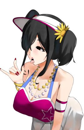 absurdres breasts fellatio fellatio_gesture female gyaru highres imminent_fellatio implied_fellatio large_breasts monekopii nyanko_daisensou open_mouth oral oral_invitation simulated_fellatio small_breasts summer the_battle_cats thundia thundia_(nyanko_daisensou)