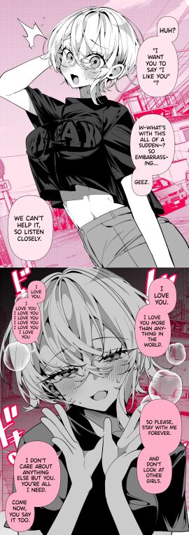 1girls a_boyish_girlfriend_in_high_humidity belly_button blush breasts clothed crop_top dialogue english_text fangs female female_focus first_person_view manga navel open_mouth original original_character ouchi_kaeru pink_background pov short_hair solo solo_focus steam sweat tomboy translated