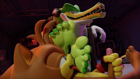 3d 5_fingers 5_toes anthro barefoot clothing crocodile crocodilian digital_media_(artwork) duo eulipotyphlan fan_character feet feetymcfoot fingerless_gloves fingers foot_fetish foot_lick foot_play gay genitals gloves green_body handwear hedgehog hi_res licking male male_only mammal masturbation orange_body penis reptile scalie sega sledge_the_hedgehog soles sonic_(series) sonic_the_hedgehog_(series) toes tongue tongue_out vector_the_crocodile yaoi