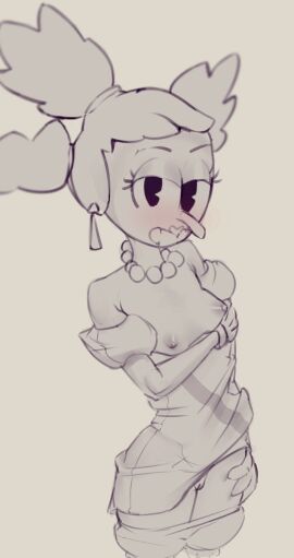 2010s 2017 bare_shoulders bean_smile bloomers bloomers_(victorian) bloomers_down breasts breasts_out cartoon_eyes cuphead_(game) digital_drawing_(artwork) dress dress_lift ear_piercing eyebrows eyelashes female hair hand_on_own_thigh jearz long_nose monochrome nipples pearl_necklace presenting presenting_breasts presenting_pussy pussy sally_stageplay small_breasts solo thighs