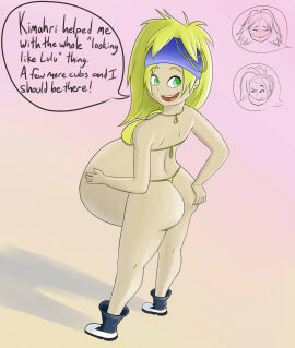 1girls 2d ass big_ass bikini dialogue disproportional english_text female female_only final_fantasy final_fantasy_x-2 green_eyes hyper_belly interspecies interspecies_pregnancy panties pregnant pregnant_belly pregnant_female pyxxyl rikku smile solo solo_female speech_bubble square_enix text thong