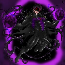 1boy 4_eyes absurd_res deimon21 ear_piercing earrings erection genderswap genderswap_(ftm) liquid_latex male male_only marvel marvel_comics multi_eye muscles muscular muscular_male penis purple_hair raven_(dc) red_eyes rubber rule_63 solo symbiote venom_(marvel)