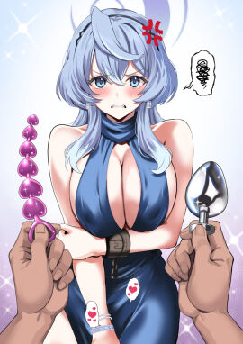 1boy 1girls 2024 ako_(blue_archive) ako_(dress)_(blue_archive) anal_beads anger_vein angry arms_under_breasts bare_shoulders black_hairband black_headband blue_archive blue_dress blue_eyebrows blue_eyelashes blue_hair blue_halo blush blush_lines bracelet breasts butt_plug cleavage colored_eyelashes cuffs dark-skinned_male dark_skin dot_nose dress earrings eyebrows eyebrows_visible_through_hair eyelashes eyelashes_visible_through_hair female fully_clothed fully_clothed_female gehenna_academy_student glistening gown hairband halo headband heart holding holding_sex_toy jewelry kyogoku_shin light-skinned_female light_skin looking_at_viewer male male_pov multiple_bracelets official_alternate_costume paid_reward_available plunging_neckline pov prefect_team_(blue_archive) sanpaku sex_toy shackles sideboob sideless_dress sideless_outfit single_handcuff sleeveless sleeveless_dress spoken_heart spoken_squiggle squiggle teeth tsurime white_earrings
