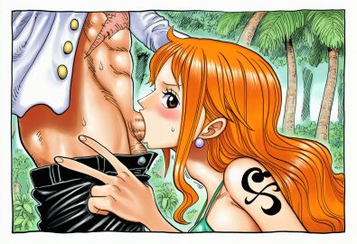 abs ai_generated balls big_breasts big_penis blowjob luffy manga_style monkey_d_luffy muscular_male nami_(one_piece) orange_hair penis scar scar_on_chest sucking sucking_penis