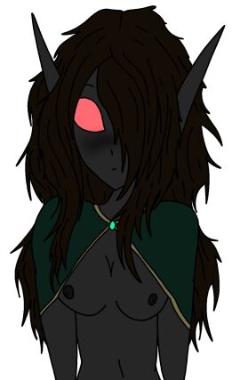 2d blush breasts brown_hair cloak clothing dark-skinned_female dark_skin elf elf_ears elf_female elf_girl female female_focus female_only gem green_cloak green_clothing grey_body grey_skin grey_skinned_female gyeegg hair long_ears long_hair looking_at_viewer messy_hair mostly_nude nipples original original_character pink_eyes solo solo_female solo_focus uncensored upper_body wild_hair woman_only