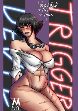 1girls big_breasts black_hair bottomless bottomless_female breasts breasts_out_of_clothes capcom devil_may_cry devil_may_cry_5 dialogue english english_text female female_focus female_only goggles goggles_around_neck green_eyes hairy_pussy heterochromia hips itsyamatemerc lady_(devil_may_cry) large_breasts mercomics mostly_nude mostly_nude_female muscular muscular_female no_bra open_clothes open_shirt pubic_hair pussy red_eyes scar scar_on_face scar_on_nose scars_all_over scars_on_thighs shirt shirt_only short_hair solo solo_female solo_focus straining straining_buttons toned toned_female