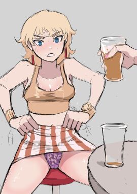 1girls adjusting_clothes bella_(biku) biku blonde_hair blue_eyes blush bracelet breasts cleavage earrings female glass grey_background have_to_pee navel original panties pantyshot pink_nails purple_panties short_hair simple_background spread_legs striped_clothing striped_skirt sweat underwear