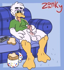 anatid animated anseriform anthro avian balls bird bodily_fluids bread drinking drinking_urine duck food furniture genital_fluids genitals hi_res humanoid_genitalia humanoid_penis lazy male male_only peeing penis saggy_balls short_playtime simple_background sofa solo urine urine_in_mouth watersports zankytime