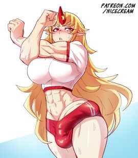1_horn 1futa abs balls balls_in_buruma blonde_hair bloomers breasts bulge bulge_to_side buruma buruma_bulge clothed clothing erection erection_under_clothes female futa_only futanari highres horns hoshiguma_yuugi huge_cock humanoid humanoid_penis intersex large_breasts light-skinned_futa light_skin long_hair midriff mostly_clothed muscular muscular_female nicecream oni penis penis_in_buruma penis_peek pointy_ears solo standing sweat touhou