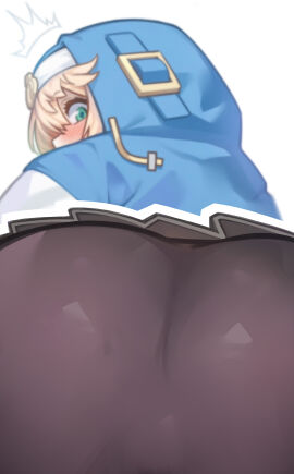 1boy ^^^ absurdres ass ass_focus bike_shorts black_shorts black_skirt blonde_hair blush bridget commentary crossdressing drawstring femboy foreshortening from_behind green_eyes guilty_gear highres hood hood_up hooded_jacket jacket looking_at_viewer looking_back male male_only merrytail otoko_no_ko pleated_skirt shorts skirt solo solo_male teenager trap variant_set white_background