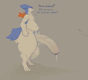 2024 5_fingers anthro ass balls big_ass big_balls big_butt big_penis blue_body blue_fur blue_pubes blush bodily_fluids brown_background dialogue digitigrade dripping ellipsis english_text exclamation_point fingers foreskin fur generation_2_pokemon genital_fluids genitals glans half-erect hand_on_hip huge_balls huge_cock humanoid_genitalia humanoid_penis itisd9 leaking_precum male mane navel nintendo nude offscreen_character open_mouth orange_mane partially_retracted_foreskin penis pink_glans pokemon pokemon_(species) precum precum_drip profanity pubes question_mark retracted_foreskin saggy_balls shadow side_view simple_background solo standing text thick_thighs typhlosion uncircumcised vein veiny_penis wide_hips yellow_balls yellow_body yellow_foreskin yellow_fur yellow_penis