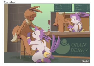 anthro balls blush bodily_fluids breasts cum duo eevee eeveelution female generation_1_pokemon generation_6_pokemon genital_fluids genitals handjob hi_res humanoid male male/female nintendo oral penile penis pokemon pokemon_(species) ribbongurl sex sylveon