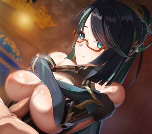 1boy black_hair breast_hold breasts breasts_out breasts_squeezed_together brown_dress brown_gloves censored closed_mouth colored_inner_hair crossed_arms dress erection eyeliner female genshin_impact glasses gloves gold_trim green_eyes green_hair hair_ornament hairpin high_ponytail highres large_breasts long_hair makeup male motion_blur multicolored_hair paizuri penis red-framed_eyewear straight sweat swept_bangs takashia_(akimototakashia) two-tone_hair xianyun_(genshin_impact)