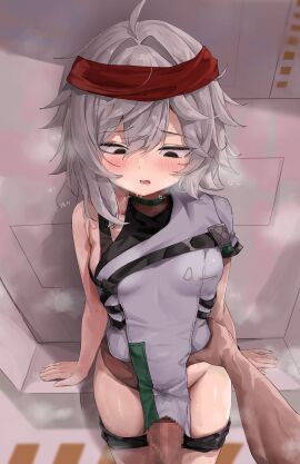 1boy @_@ absurdres ahoge asymmetrical_clothes asymmetrical_sleeves bandana black_shorts blush breasts brown_eyes censored clothed_female_nude_male clothes_pull commentary commission cowboy_shot elmo_dormitory_outfit female g11_(girls'_frontline) girls'_frontline girls'_frontline_2:_exilium grey_hair hair_between_eyes hair_intakes heavy_breathing highres imminent_penetration imminent_vaginal jeon_(user_ywaw3774) looking_at_penis male mechty_(girls'_frontline_2) medium_hair messy_hair mosaic_censoring nude open_mouth pants pants_pull pelvic_curtain penis pixiv_commission pov pov_hands pussy red_bandana short_shorts shorts shorts_pull single_bare_arm small_breasts steaming_body straight thighs wet