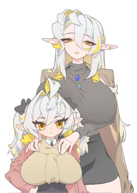 2girls breast_on_head breasts breasts_bigger_than_head daughter earrings female female_only giant_breasts hand_on_hip hands_on_shoulders huge_breasts jacket large_breasts looking_at_viewer mommy mother mother_and_daughter necklace pointy_ears sfw shortstack shuibaow simple_background skirt smile sweater thick_thighs thighs twintails white_hair yellow_highlights