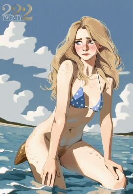 beach bikini_top blonde_hair blue eyes nervous original_character pooping_into_water pooping_outside scat twenty-2