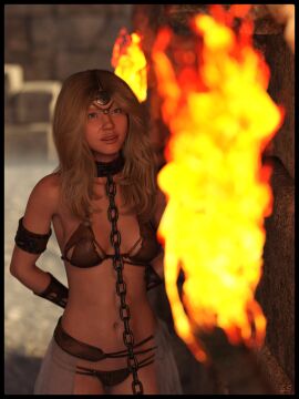 1girls 3d arms_behind_back bikini blonde_hair chain_leash daz_studio female female_only leash leather_bikini original slave_girl solo strictaservitus torch