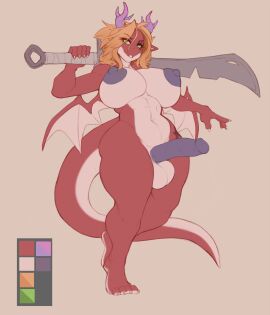 anthro big_breasts blonde_hair breasts dragon dragon_girl erection female futa_only futanari green_eyes horns intersex muscular muscular_futa naked ryla tagme tail weapon weapon_over_shoulder wings wyntersun