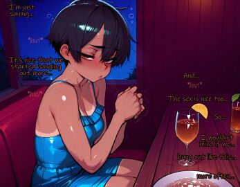 1female 1girls absurd_res absurdres ai_assisted ai_generated alcohol alcoholic_drink ass big_ass big_butt black_hair breasts brown_eyes comic couple couple_(romantic) cute dark-skinned_female dark_hair dark_skin date dialog dialogue dress drunk embarrassed female female_only first_person_view looking_at_viewer love medium_breasts muscles muscular muscular_female original pov sadie_(sandcrop) sandcrop short_hair shy small_breasts solo solo_female talking_to_partner talking_to_viewer tan tan_body tan_skin tanline tanlines thick_thighs thighs tomboy wholesome wide_hips