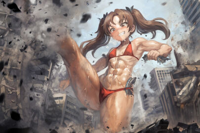 1girls abs brown_eyes brown_hair building city city_destruction destruction female flat_chest giantess girls_und_panzer kadotani_anzu kicking muscular muscular_female smile sweat sweaty thighs twintails vehicle vehicle_destruction yilx