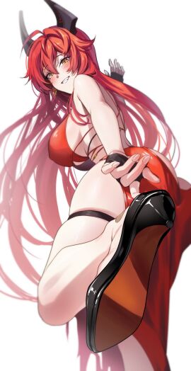 1girls adjusting_footwear alternate_costume ass ass_crack ass_focus bare_shoulders black_gloves blush breasts butt_crack dress earrings evening_gown female fingerless_gloves from_behind from_below gloves goddess_of_victory:_nikke hair_between_eyes high_heels horns large_breasts long_hair looking_at_viewer looking_back looking_down looking_down_at_viewer mechanical_horns official_alternate_costume one_foot_raised red_dress red_hair red_hood_(nikke) red_hood_(nonsense_red)_(nikke) shareddelicious smile smiling smiling_at_viewer solo standing standing_on_one_leg thigh_squish thigh_strap thighs very_long_hair