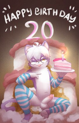 anthro birthday bodily_fluids bottomwear cake canid canine canis clothed clothing cum dessert dog_tags domestic_dog erection femboy food footwear fur genital_fluids genitals girly happy heart_eyes heart_symbol hi_res hoodie kai_oshima kemono male mammal nude penis purple_body purple_fur shirt shy simple_background smile socks solo tail text tongue tongue_out topwear wolf