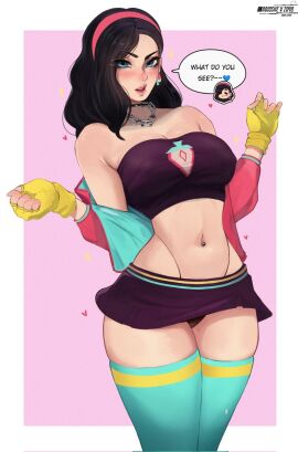 1girls 2d abioske black_panties blue_eyes blue_thighhighs blush breasts brown_hair cameltoe chain_necklace chained_collar chains clothed clothed_female clothing collar curvy curvy_body curvy_female cute_face earrings english_text epic_games exposed_midriff exposed_shoulders female fingerless_gloves fortnite gloves headband hearts jewelry light-skinned_female light_skin looking_at_viewer medium_hair miniskirt open_mouth panties pink_background pink_headband pussy rox_(fortnite) short_skirt shoulder_length_hair simple_background skirt slight_blush small_waist standing stomach text text_bubble thick_thighs thighhighs thighs tubetop waist watermark white_background yellow_fingerless_gloves yellow_gloves