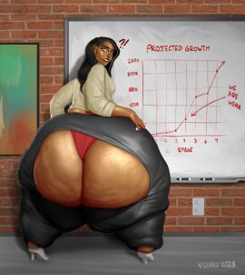 1girls ass ass_bigger_than_torso ass_expansion big_ass black_hair black_leggings business_woman chart dark-skinned_female dark_skin expansion female huge_ass hyper_ass leggings long_hair looking_back multicolored_hair panties red_panties ripped_clothing ripped_leggings sweater vanillaru villaru white_hair