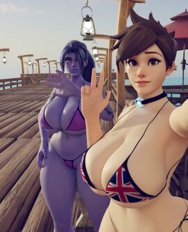 3d 3d_(artwork) annoyed beach beach_background bikini bikini_top blender blender_(artwork) blender_(software) blender_cycles blizzard_entertainment duo happy hiding_face huge_breasts looking_at_viewer overwatch peace_sign scrag_boy self_upload selfcest selfie_pose smiling_at_viewer thick_legs thick_thighs tight_bottomwear tight_clothing tracer video_game_character video_games voluptuous voluptuous_female widowmaker yaboitoxicfrank