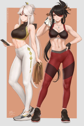 2girls airpods beidou_(genshin_impact) black_hair black_sports_bra breasts earbuds earrings eyepatch female female_only fingerless_gloves genshin_impact hair_sticks holding_phone holding_towel large_breasts looking_at_viewer midriff navel necklace ningguang_(genshin_impact) phone ponytail red_eyes red_yoga_pants sciamano240 sneakers sports_bra towel white_hair white_yoga_pants yoga_pants