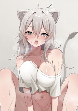 1girls ahoge animal_ears blush breasts collarbone cropped_shirt dot_nose eyelashes female grey_eyes grey_hair hair_between_eyes highres hololive hololive_gen_5 hololive_japan implied_sex large_breasts light-skinned_female light_skin lion_ears lion_tail looking_at_viewer oerba_yun_fang open_mouth shina_eno shirt shishiro_botan short_sleeves solo steam sweat tail teeth tongue upper_teeth virtual_youtuber white_shirt