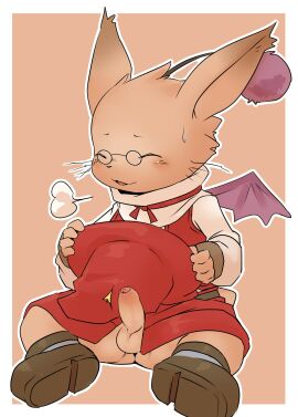 2023 anthro balls bodily_fluids border bottomless bottomless_male clothed clothing erection eyewear final_fantasy final_fantasy_xii footwear foreskin genitals glasses gloves handwear headgear headwear hi_res horne_(moogle) humanoid_genitalia humanoid_penis ivalician_moogle male moogle penis pu_sukebe red_clothing simple_background solo square_enix sweat tan_background uncircumcised white_border wings