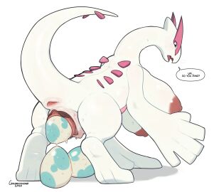 1girls 5_fingers anthro anus areola big_breasts biped blush blush_lines breasts clitoris egg egg_laying english_text female female_only fingers genitals goldenyuusha hi_res legendary_pokemon looking_at_viewer lugia nintendo nipples non-mammal_breasts open_mouth pokemon pokemon_(species) pokémon_(species) pussy simple_background solo speech_bubble tail talking_to_viewer text white_background