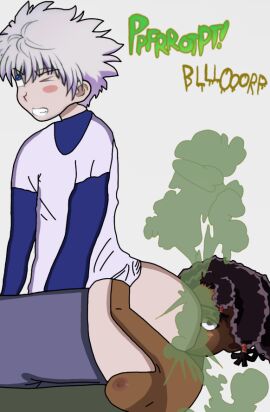 1boy 1girls ass blanket breasts canary_(hunter_x_hunter) dark-skinned_female dark_skin dominant_male facefart facefarting facesitting fart fart_cloud fart_fetish female fetish gay hot hunter_x_hunter killua_zoldyck male onomatopoeia pants_down seductive shirtless_female submissive_female thegreatiron