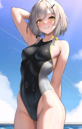 armpit_peek armpit_peeking armpits black_swimsuit black_swimwear blue_background blue_sky blush blushing_at_viewer bodysuit breasts cloud clouds day daytime female female_focus female_only grey_hair grey_outline h1rqg1_artist hi_res high_resolution highres maid medium_breasts nipple_exposed nipples one_arm_behind_head one_arm_up pool pov production_kawaii ribbons ribbons_in_hair sexy_body shee_icho short_hair slim_body slim_female smile smiling_at_viewer sunny_day swimming_pool swimsuit swimwear thighs upscaled virtual_youtuber vtuber wet wet_body wet_clothing wet_swimsuit wet_swimwear white_body white_hair white_skin yellow_eyes yellow_scales