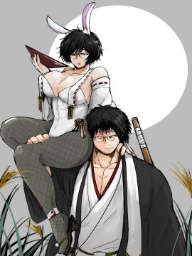 1boy 1girls big_breasts black_hair breasts bunny_ears bunny_girl bunnysuit chinese_zodiac cleavage dual_persona female fishnets genderswap genderswap_(mtf) geta glasses japanese_clothes kengan_(series) kengan_omega male new_year nitokutumu2 rule_63 sakazuki sake sandals short_hair sitting_on_person sitting_on_shoulders tokuno’o_tokumichi year_of_the_rabbit