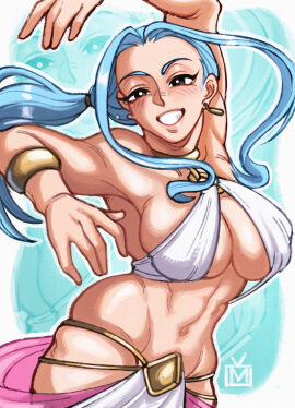 1girls arabian_clothes armlet bare_arms bare_legs bare_shoulders bare_thighs belly_dancer belly_dancer_outfit big_breasts blue-haired_female blue_eyes blue_hair blush breasts clothed clothing color dancer_outfit female female_focus female_human female_only harem_girl harem_outfit hi_res human large_breasts light-skinned_female light_skin long_hair looking_at_viewer makdraw25 nefertari_vivi one_piece pre-timeskip shounen_jump solo solo_female tagme thick_thighs