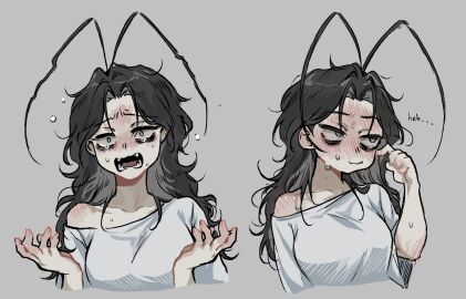 baggy_clothing bare_shoulder black_hair blush blush_lines crying expressions female grey_eyes long_hair marblechii original original_character pale_skin roach_(marblechii) roach_girl text