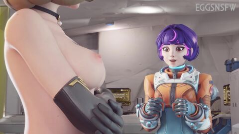 2girls 3d blizzard_entertainment blonde_hair bouncing_breasts breasts breasts_out eggsnsfw half-dressed juno_(overwatch) looking_at_partner mercy nipples overwatch purple_hair shoulders skin_tight suit tagme video watching