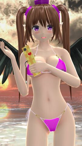 1girls 2023 3d bikini blush breasts brown-haired_female cellphone cleavage clouds double_spoiler female hairband hatate_himekaidou hati_yukkuri_mmd holding_phone light-skinned_female light_skin long-haired_female looking_at_viewer mmd outside pink_bikini pink_eyes pink_hat pointy_ears sea sky solo_female solo_focus sunset swimsuit tengu tokin_hat touhou twintails water wings youkai
