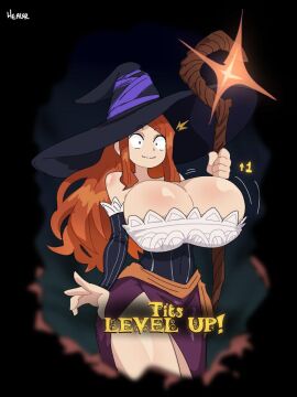 1girls artist_signature big_breasts black_background breast_expansion breast_growth breast_growth_(enlargement) breasts cleavage dragon's_crown female healerart huge_breasts implied_expansion level_up long_hair magic magic_staff orange_hair shocked shocked_expression solo sorceress sorceress_(dragon's_crown) staff witch_hat