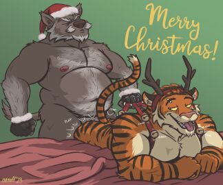 age_difference anal anal_sex anthro anthro_on_anthro anthro_penetrated anthro_penetrating anthro_penetrating_anthro beard bedding bell bell_harness belly bodily_fluids boomer_(nanoff) canid canine canis christmas christmas_clothing christmas_headwear closed_eyes clothing drooling duo eyebrow_piercing facial_hair facial_piercing father_penetrating_son felid fingerless_gloves genitals gloves green_background handwear harness hat headgear headwear hi_res holidays jingle_bell jingle_bell_harness looking_back looking_pleasured lying male male/male male_penetrated male_penetrating male_penetrating_male mammal mature_male merry_christmas miles_(nanoff) mostly_nude musclegut muscular muscular_male nanoff navel nipples older_male on_front open_mouth open_smile pantherine pecs penetration penile penile_penetration penis piercing reindeer_costume saliva santa_hat sex simple_background smile tiger tongue tongue_out wolf yellow_sclera younger_male