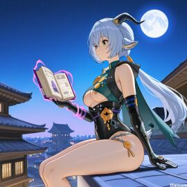 (titancore) ai_generated ashamed big_breasts blush breasts city_background curvy_figure cute_girl embarrassed female flower forest fullmoon goat_ears goat_eyes goat_girl goat_horns goat_humanoid hands_on_face hoodie low_twintails lucia_elowen magic_book magical_girl monster_girl night rooftop stars thiren twintails video_game_character zenless_zone_zero
