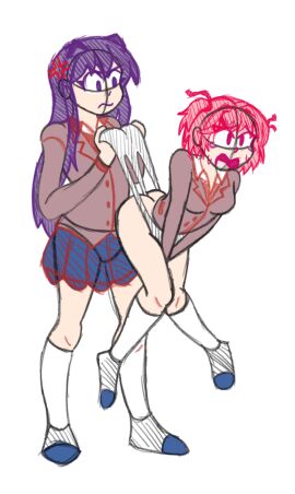 2girls blue_skirt breasts butt clothes deviantart_link doki_doki_literature_club female female_focus female_only human human_female human_only light-skinned_female light_skin long_hair multiple_females multiple_girls natsuki_(doki_doki_literature_club) pain panties pink_eyes pink_hair purple_eyes purple_hair roboblastvolnutt shoes short_hair skirt socks wedgie wedgied_female yuri_(doki_doki_literature_club)